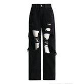 Pantalon en jean taille haute coupe droite, ample, troué, noir, drapé amincissant, jambe large, jean serpillière